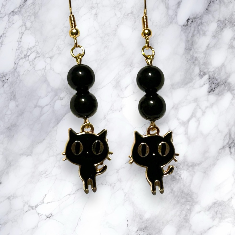 Hand Crafted Earring Black Cats Obsidian Kitty Dangle Pierced Hypoallergenic - Picture 6 of 8